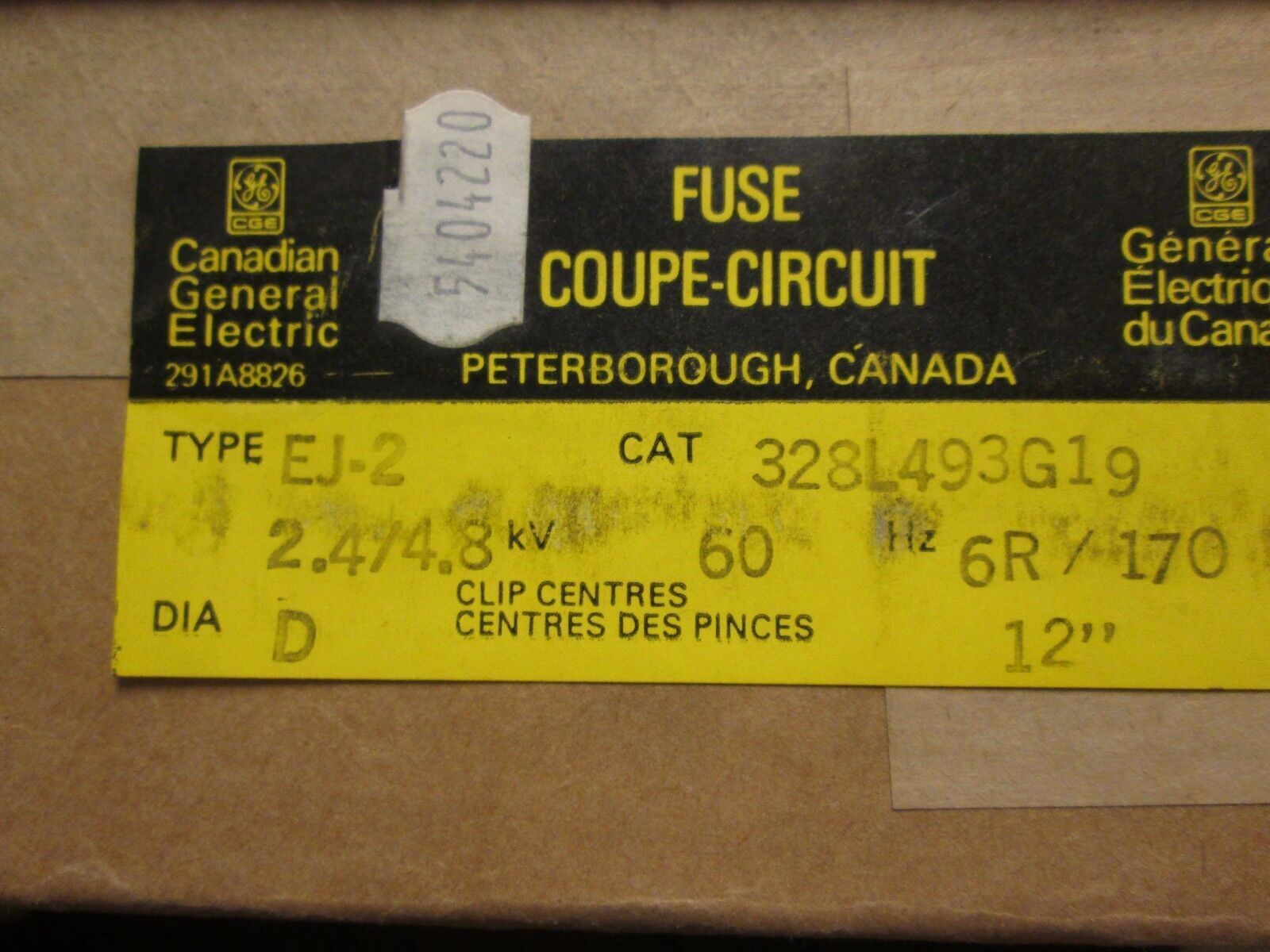 Canadian GE Type EJ-2 Fuse 328L493G19 2.4/4.8KV 6R Rating 170A New Surplus