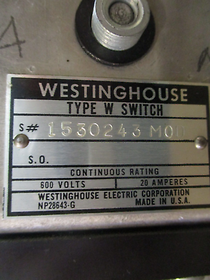 Westinghouse Type W Switch 1530243 MOD 20A 600V Used