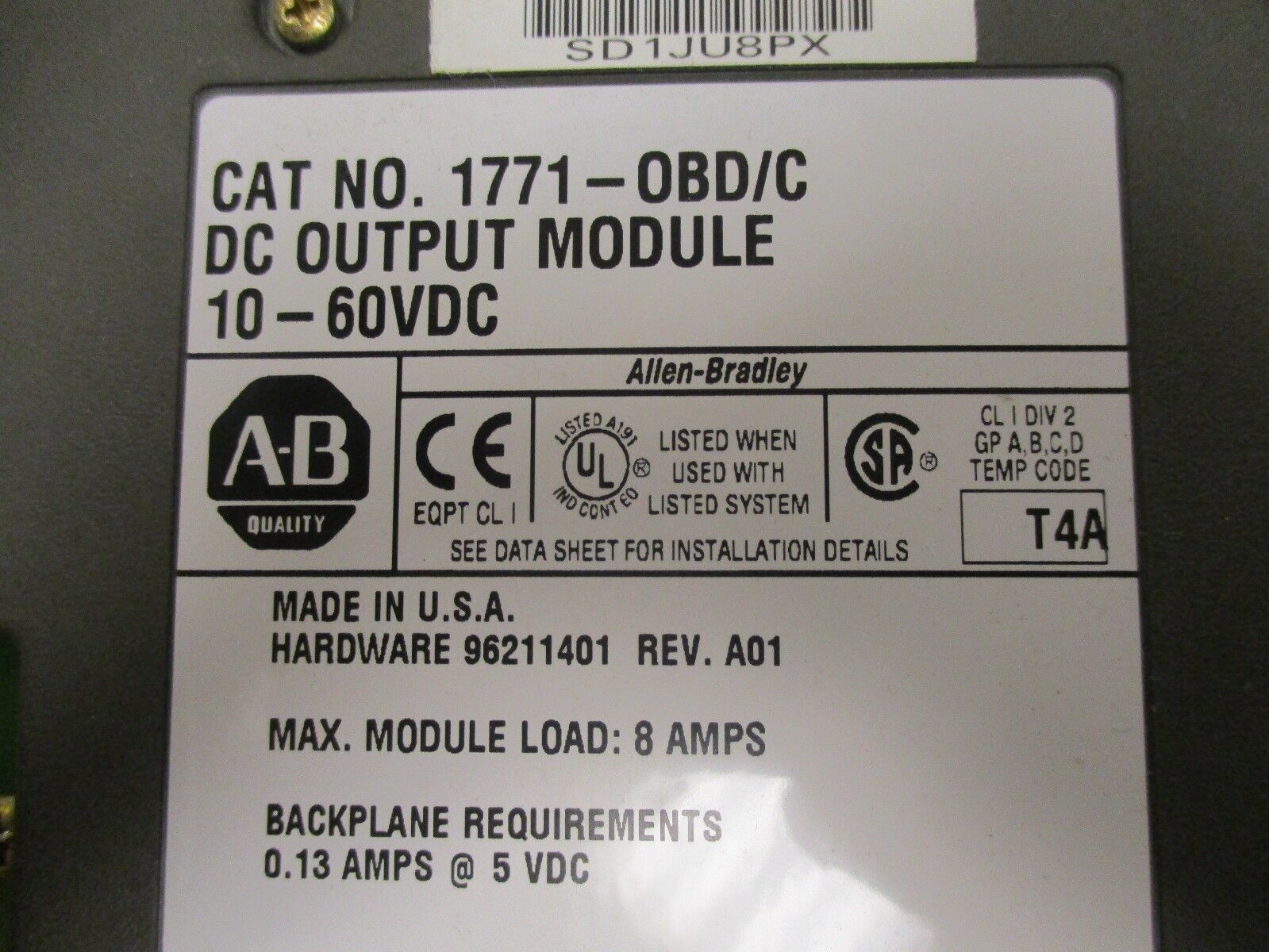 Allen-Bradley DC Output Module 1771-OBD/C 10-60VDC Rev. A01 8A Max Load Used