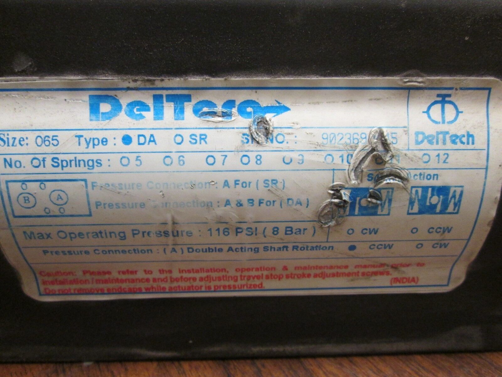 Deltorq Double Acting Pneumatic Air valve 065-DA-CCW Size 065 Used