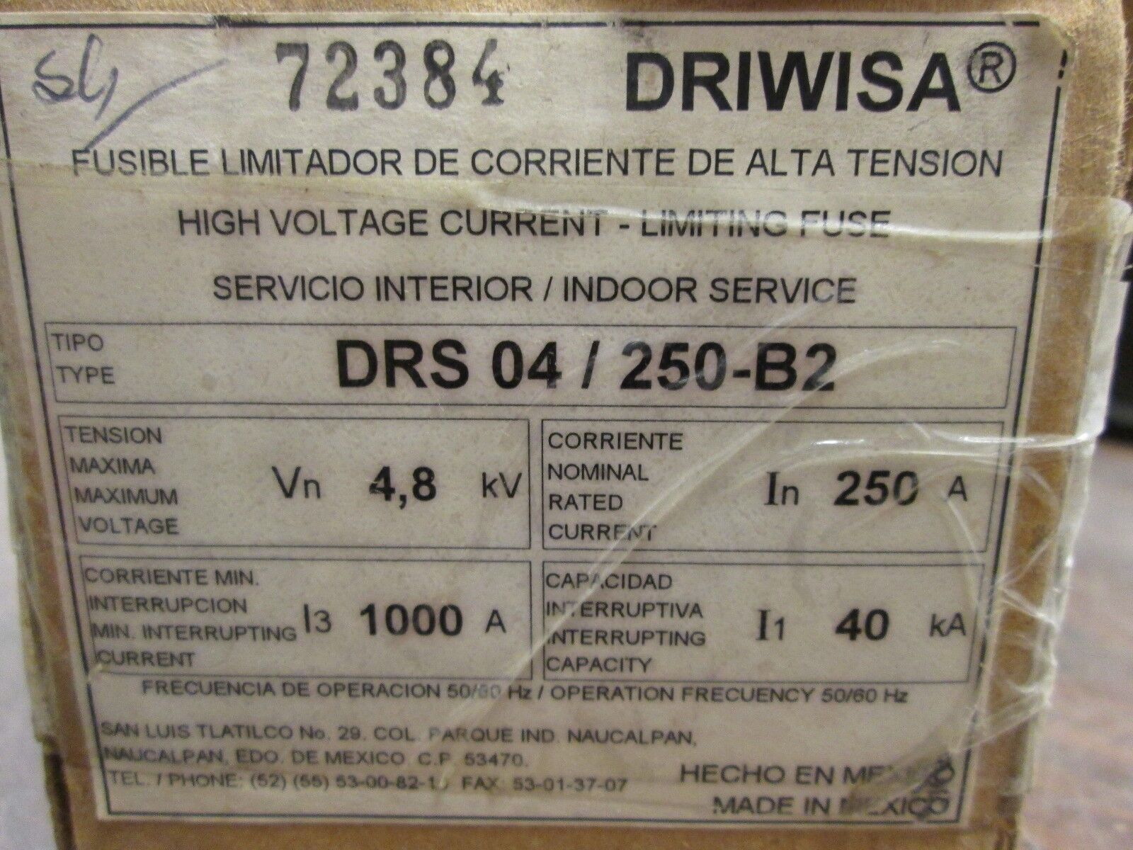 Driwisa High-Voltage Fuse DRS 04/250-B2 4.8KV 250A New Surplus