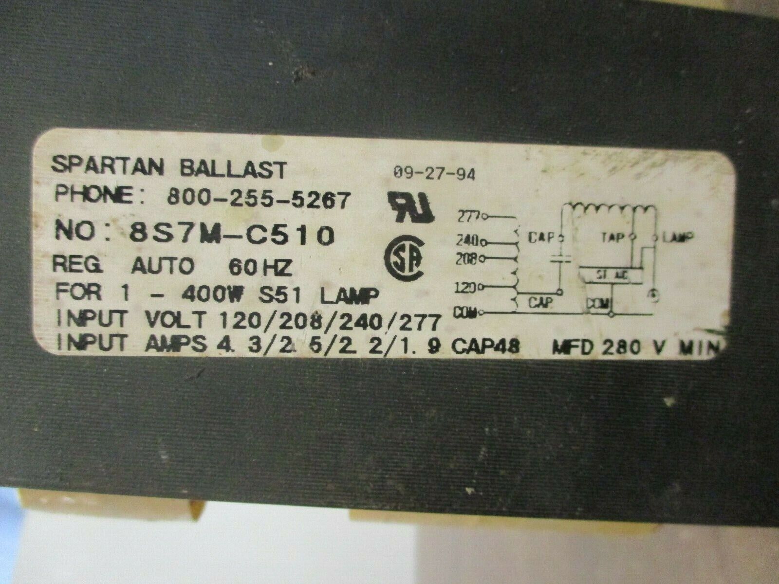 Spartan Ballast 8S7M-C510 400W 120/208/240/277V 60Hz Used
