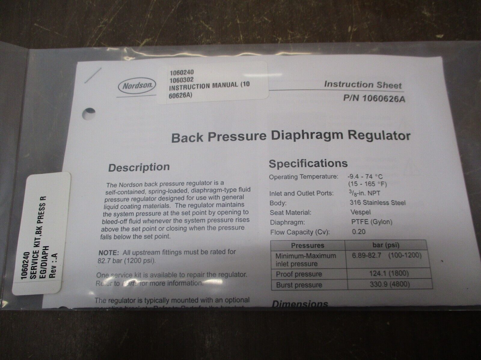 Nordson Back Pressure Regulator Service Kit 1060240 Rev. A New Surplus