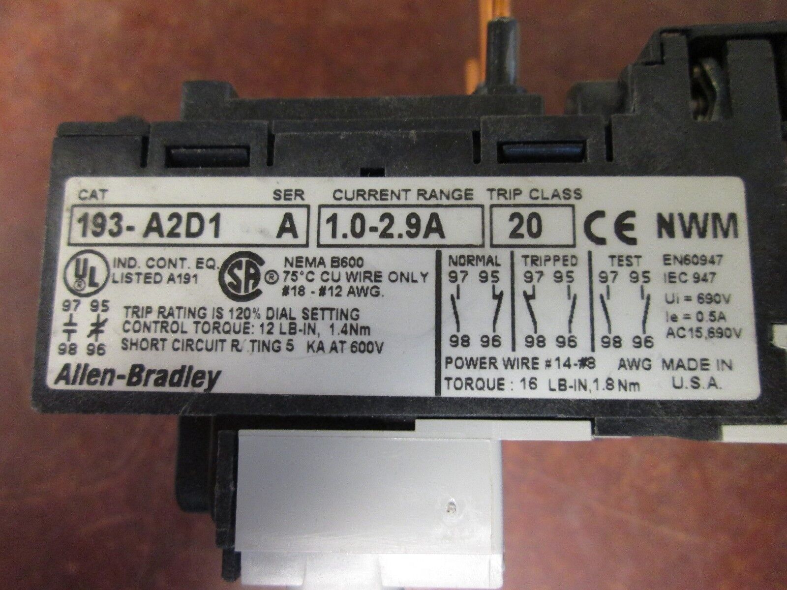 Allen-Bradley SMP-1 Solid State Overload 193-A2D1 Range: 1 - 2.9A Used
