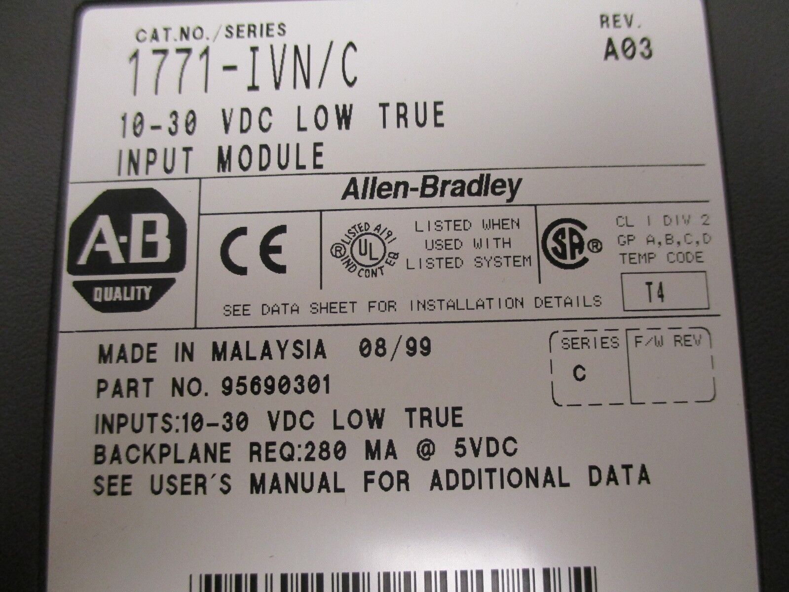 Allen-Bradley Low True Input Module 1771-IVN/C Rev. A03 10-30VDC Used