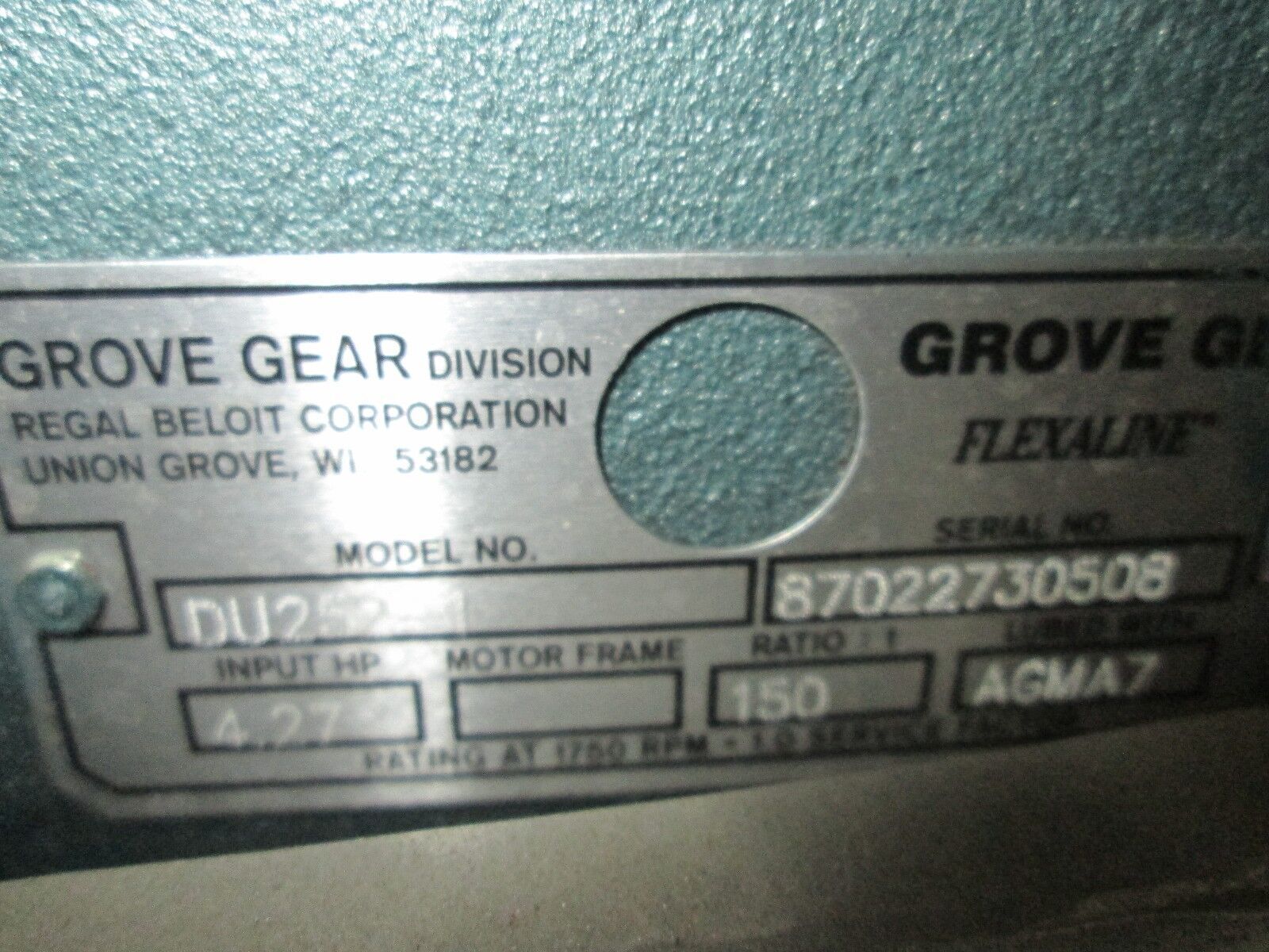Grove Gear Flexaline Gear Worm DU252-1 4.27HP 150:1 ratio 1750RPM Used
