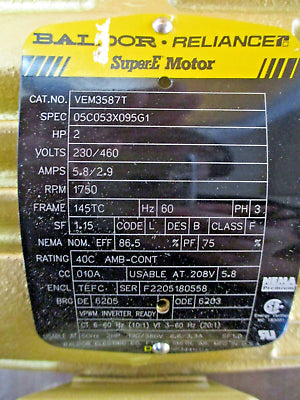 Baldor Motor VEM3587T 2HP 230/460V 5.8/2.9A 1800RPM 3Ph 60Hz New Surplus