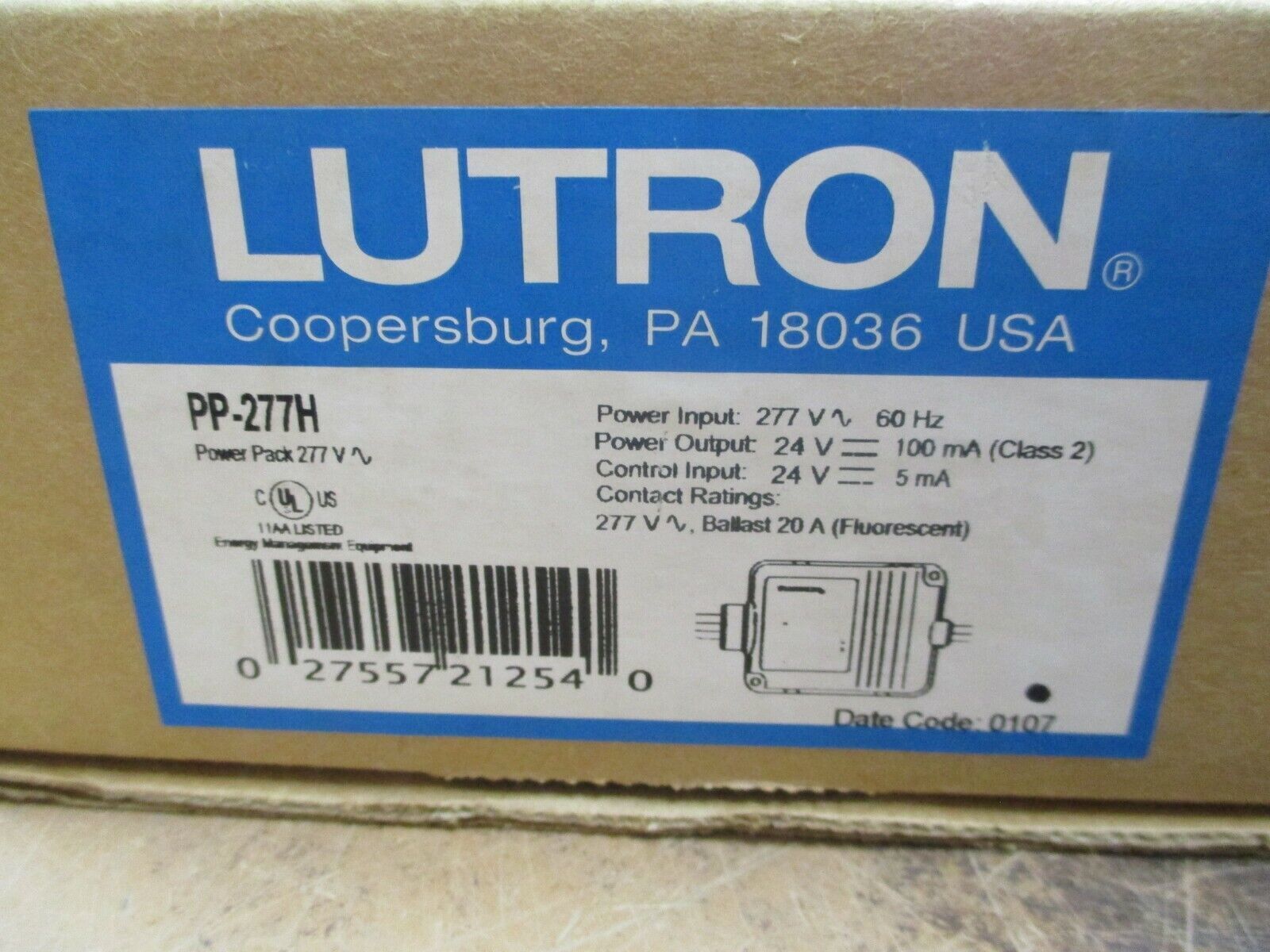 Lutron Power Pack PP-277H Input: 277V 60Hz Output: 24VDC 100mA Conrol: 24VDC 5mA