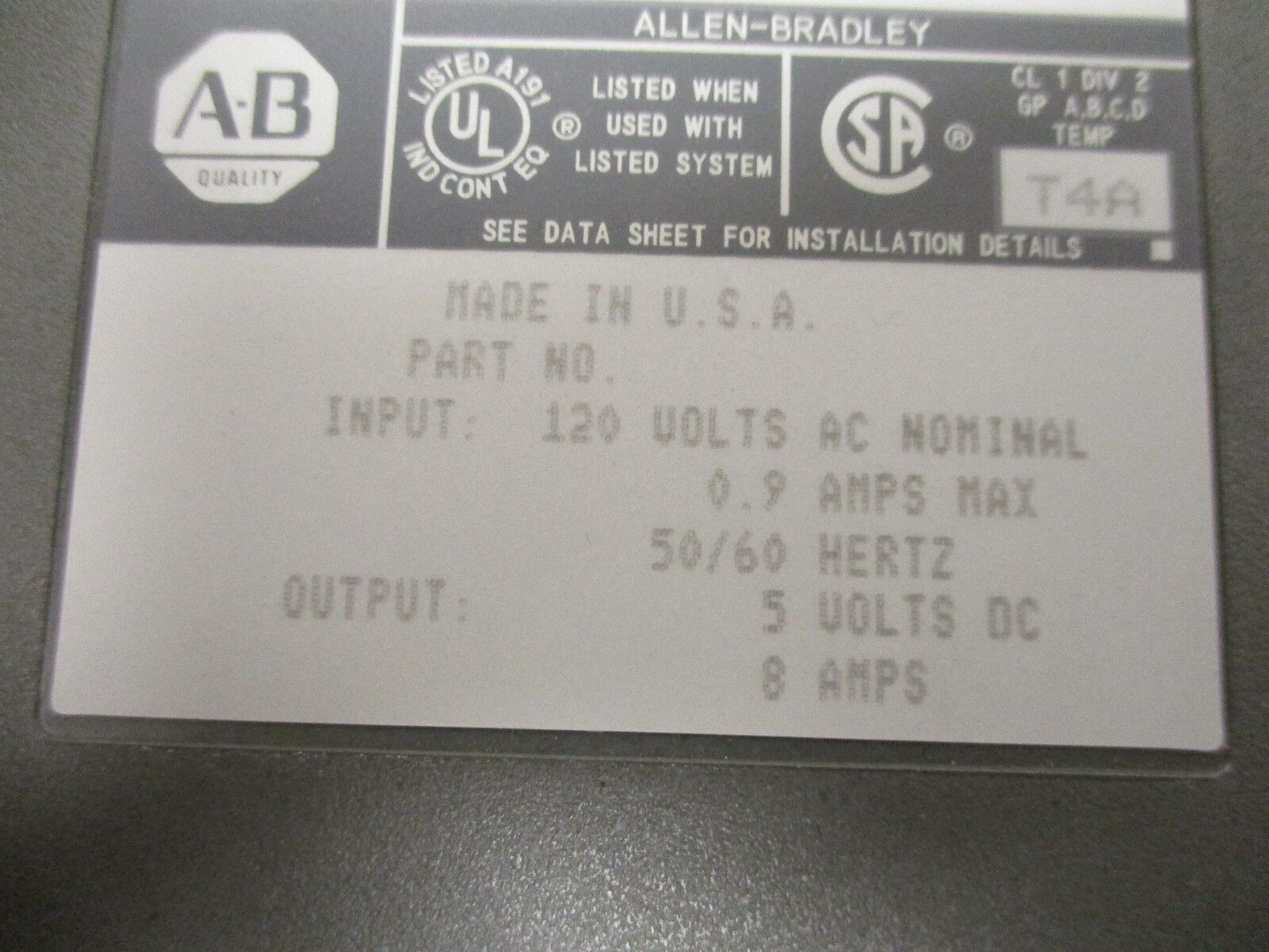 Allen-Bradley Power Supply Module 1771-P4S 120V Used