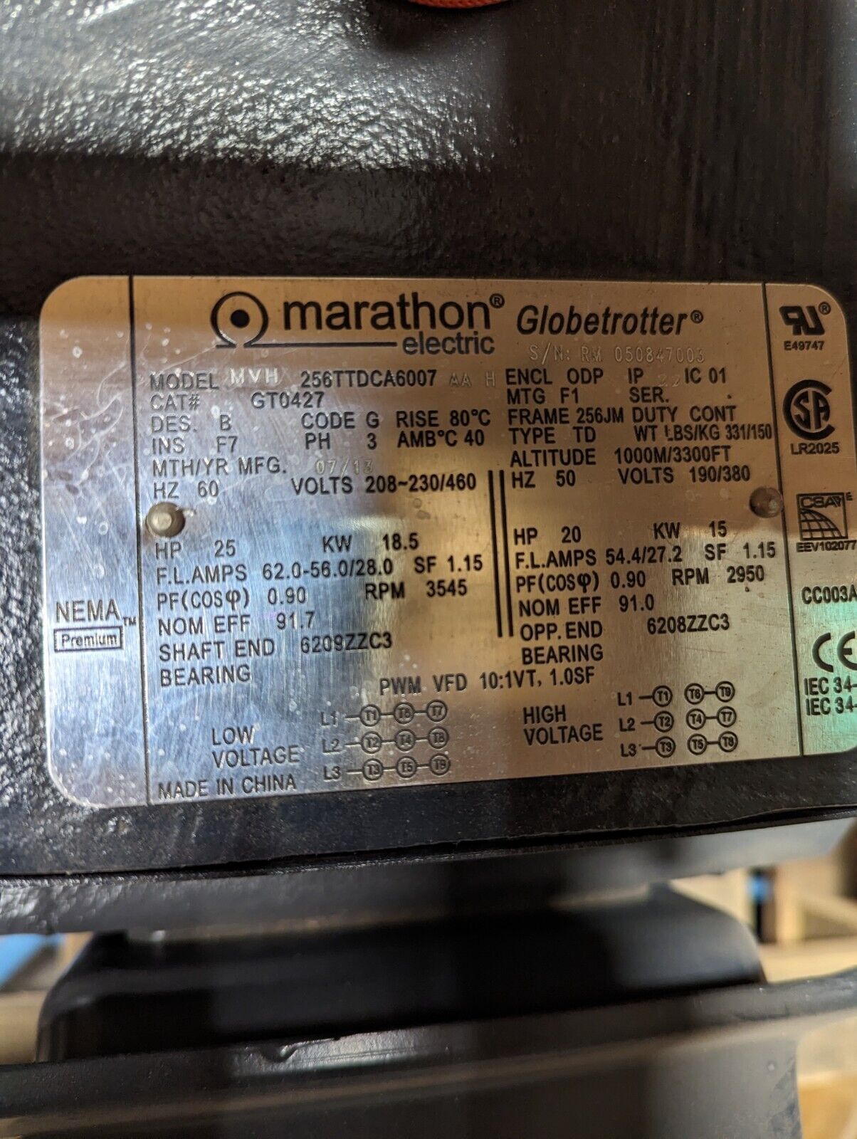 Marathon Motor GT0427 25HP 3600RPM 208-230/460V 62-56/28A 3Ph 60Hz New Surplus