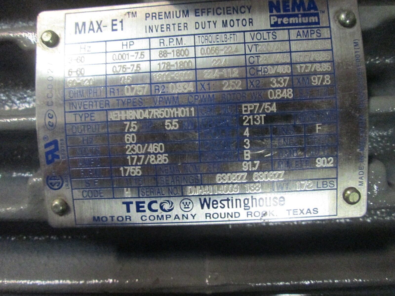 Westinghouse Motor & Gear Set EP7054 & 2945141-5 7.5HP Used