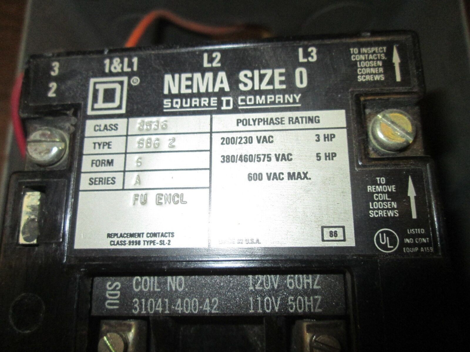 Square D Enclosed Starter 8536 SBG 2 Size 0 120V Coil 600V Used