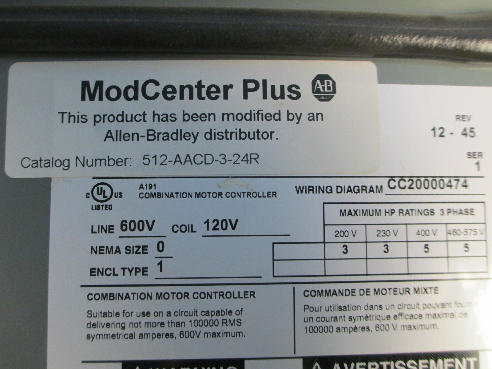Allen-Bradley Motor Combination 512-AACD-3-24R, Size 0 30A 600V Fusible