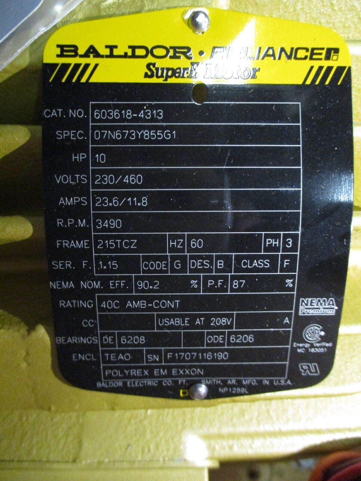 Baldor Motor 603618-4313 10HP 3600RPM 230/460V 23.6/11.8A 3Ph 60Hz New Surplus
