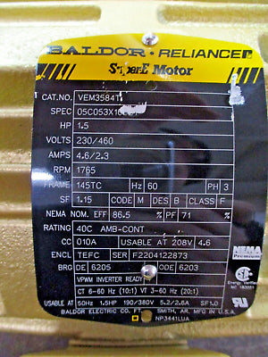 Baldor Motor VEM3584T 1.5HP 1800RPM 230/460V 4.6/2.3A 3Ph 60Hz New Surplus