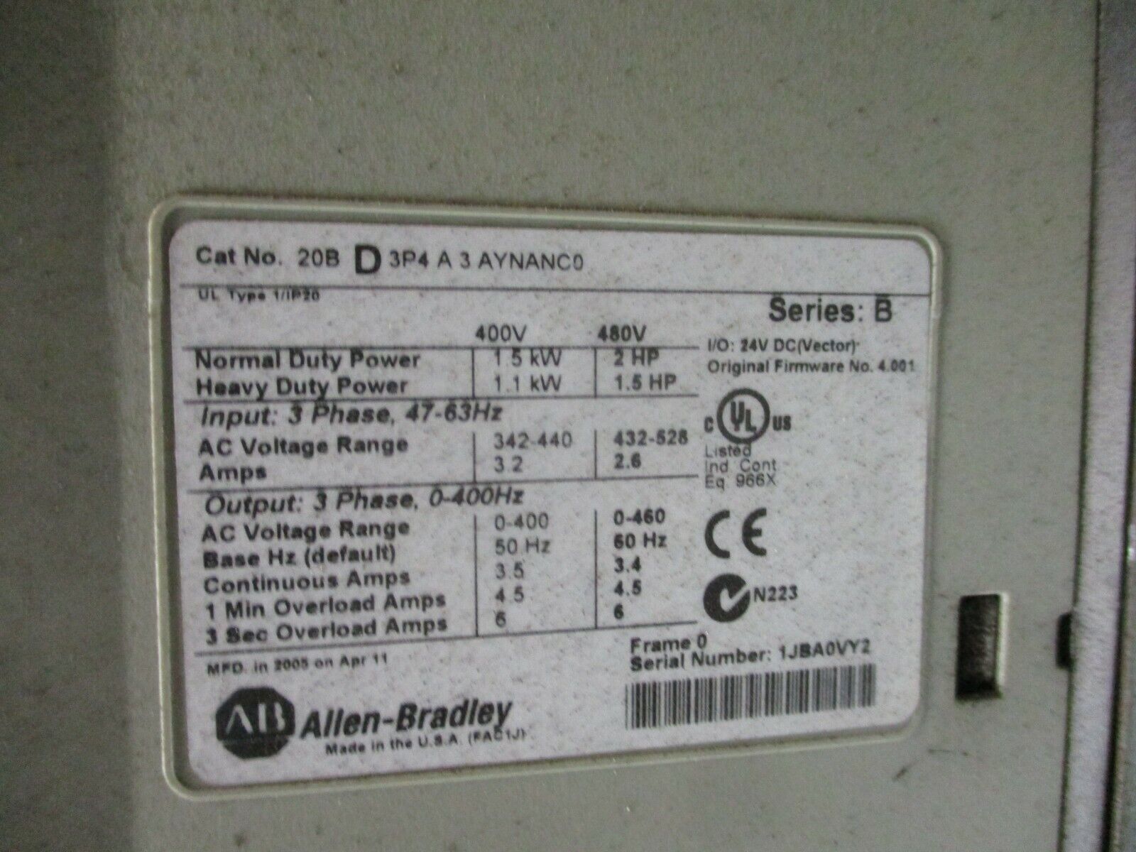 Allen-Bradley PowerFlex 700 AC Drive w/ Nema 12 Enclosure 2HP 480V 3Ph Used