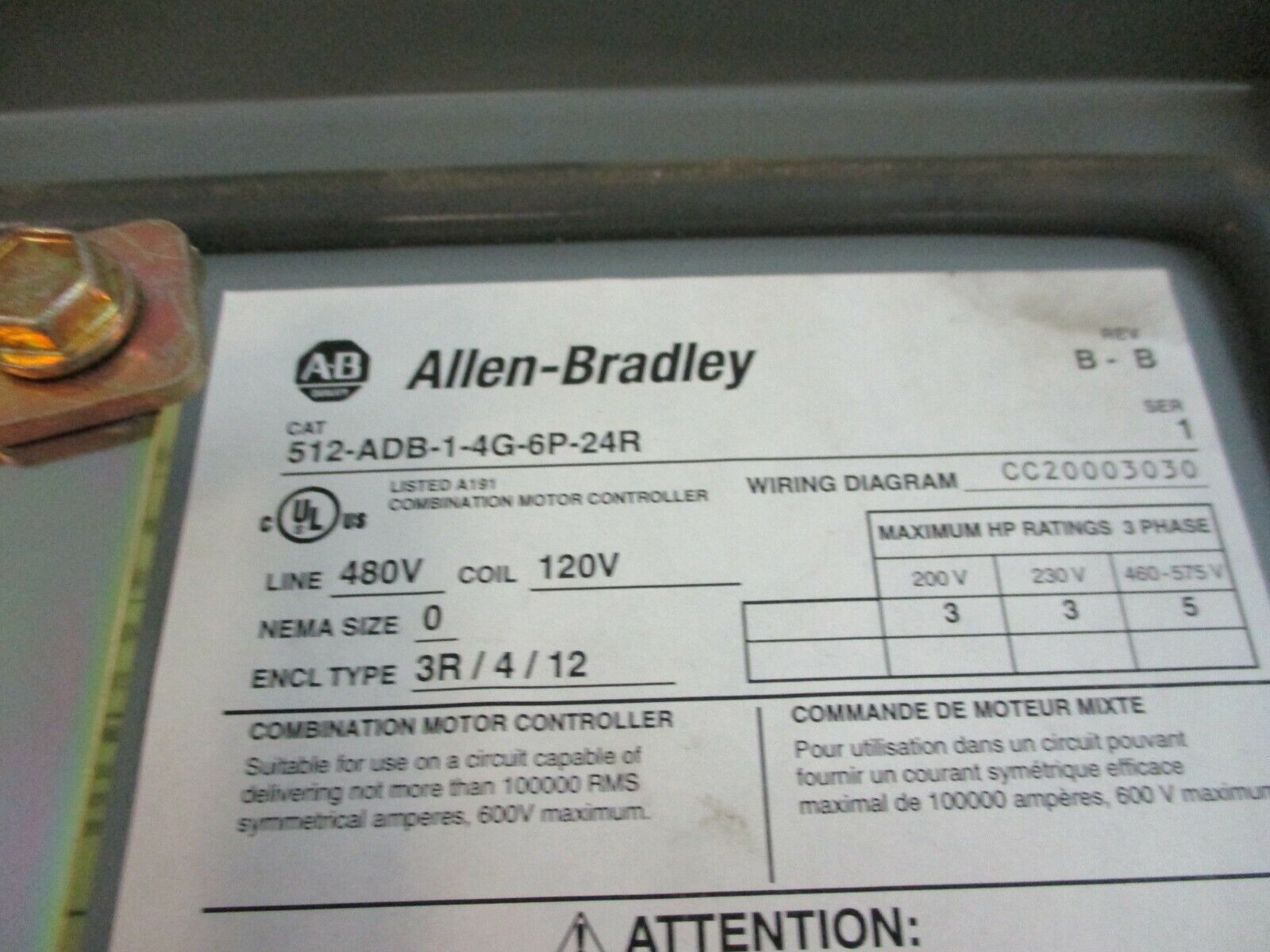 Allen-Bradley 3R Fusible Size 0 Combination 512-ADB-1-4G-6P-24R 120V Coil Used