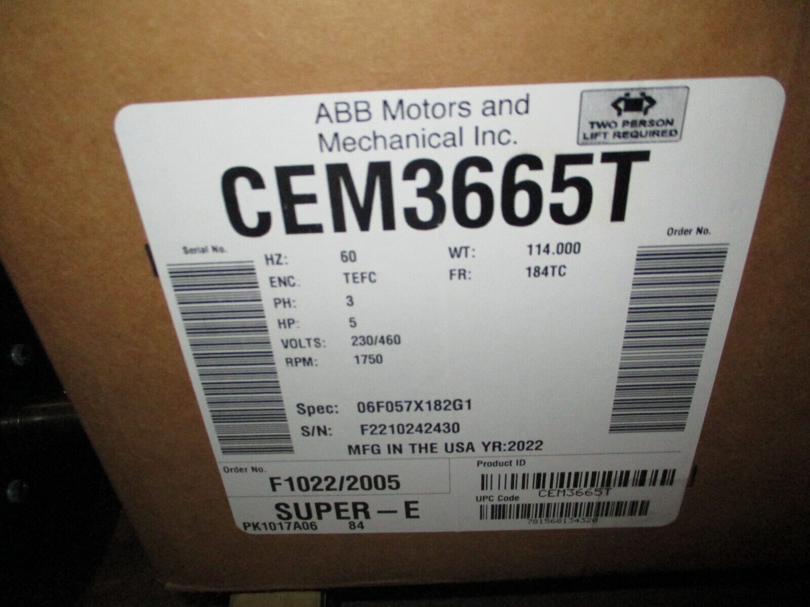 Baldor Motor CEM3665T 5HP 1800RPM 230/460V 13.2/6.6A 3Ph 60Hz New Surplus