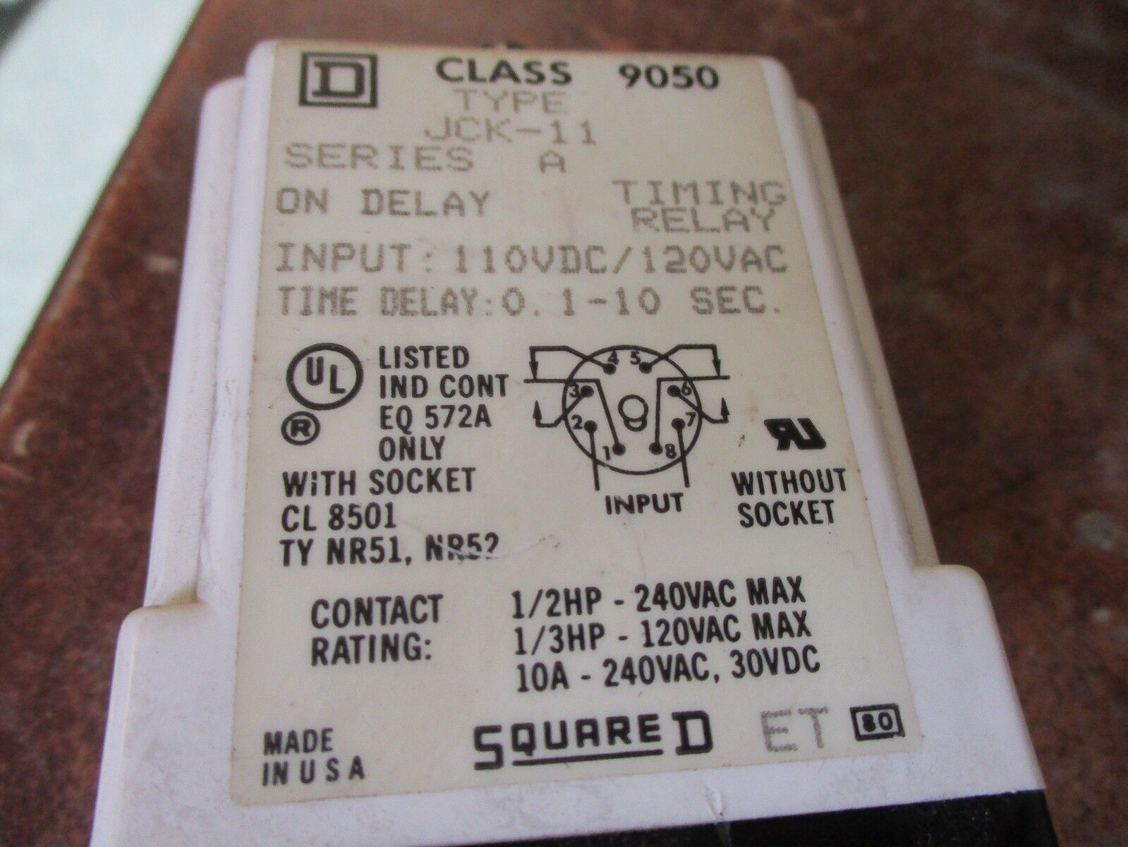 Square D Timing Relay 9050 JCK-11 Ser. A 110VDC/ 120 VAC Delay: 0.1-10 sec Used