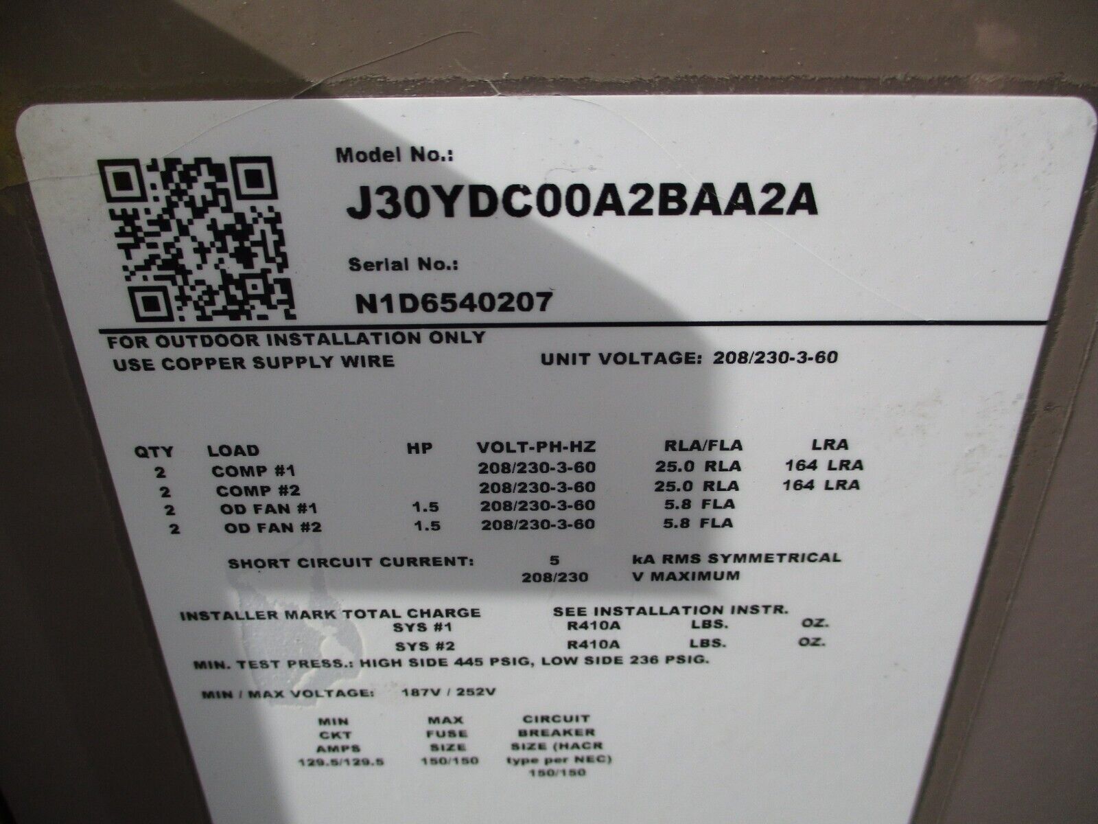 Johnson Controls Split System Condensing Unit J30YDC00A2BAA2A 30 Ton 208/230V