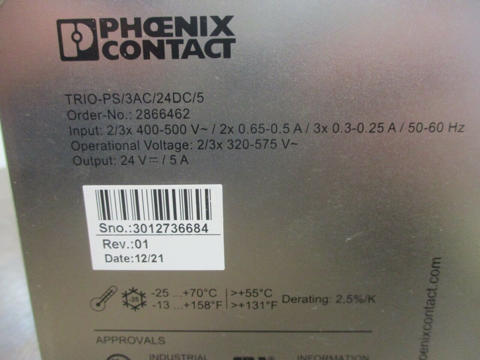 Phoenix Contact Trio Power Supply TRIO-PS/3AC/24DC/5 Rev. 01 Used