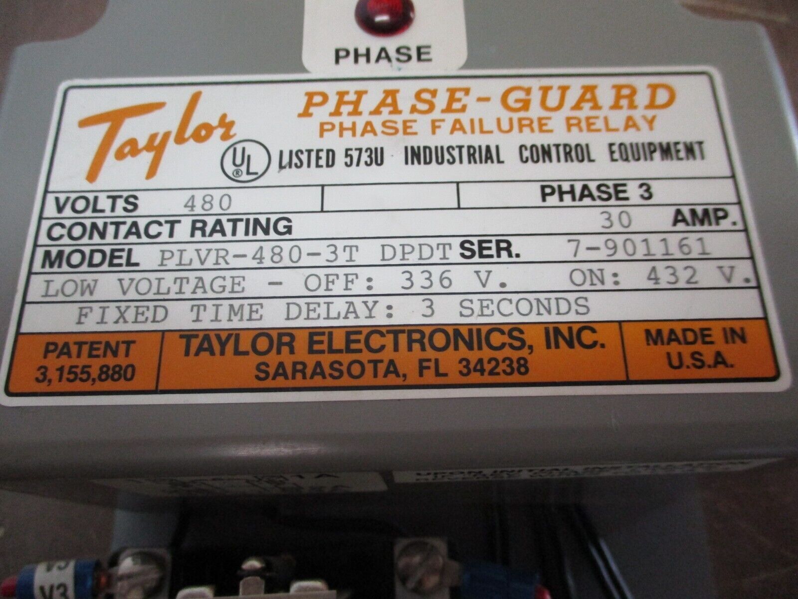 Taylor Phase-Guard Phase Failure Relay PLVR-480-3T DPDT 30A 480V 3Ph Used