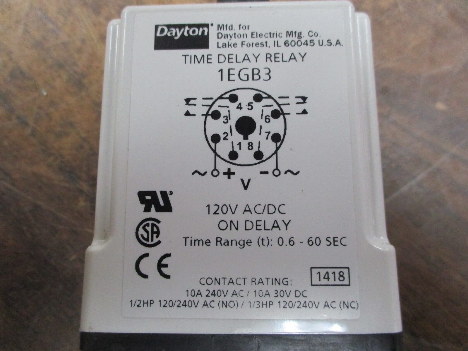 Dayton Time Delay Relay 1EGB3 120V Range: 0.6-60sec Used