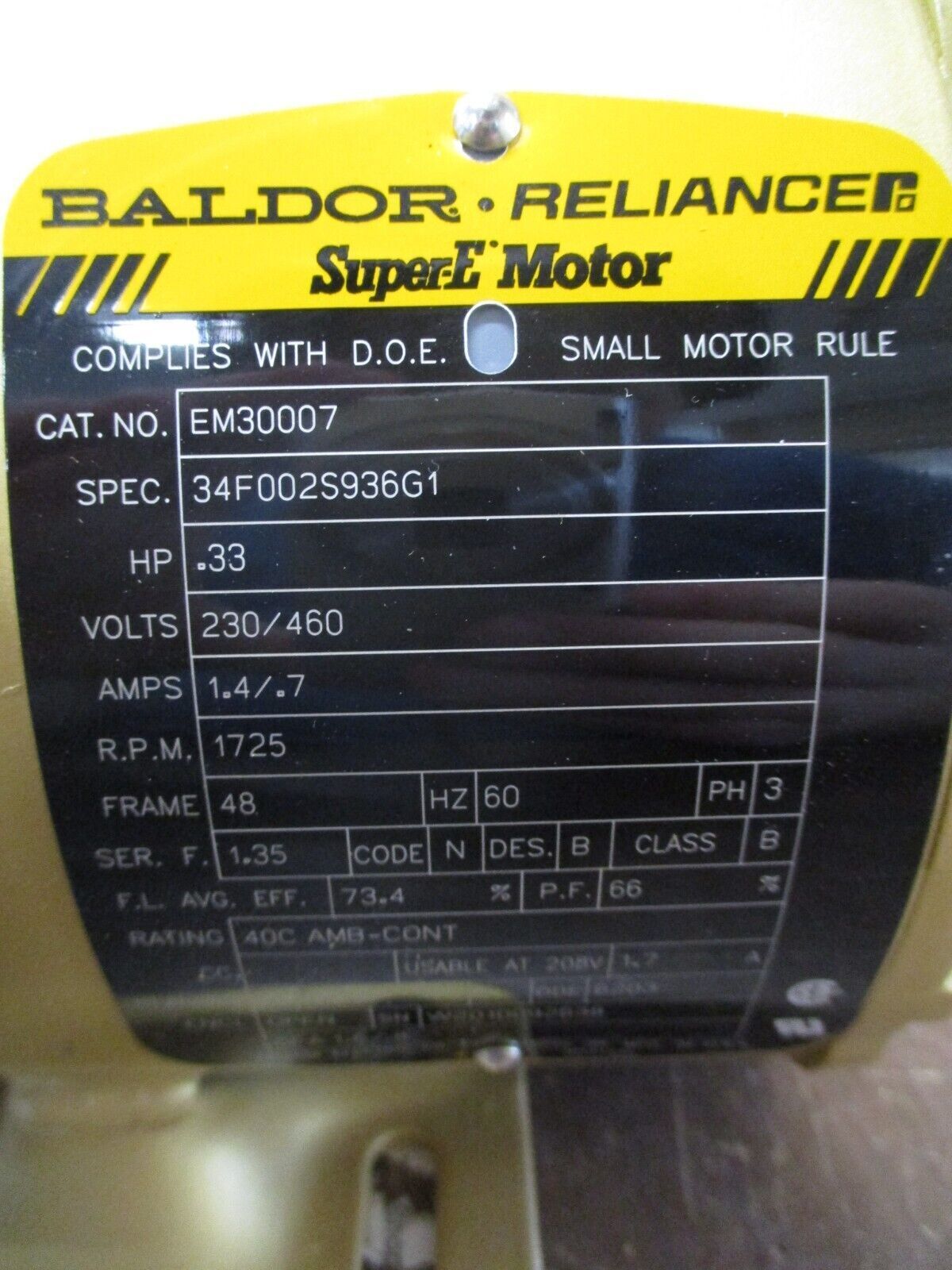 Baldor Motor EM30007 0.33HP 230/460V 1.4/0.7A 1800RPM 3Ph 60Hz New Surplus