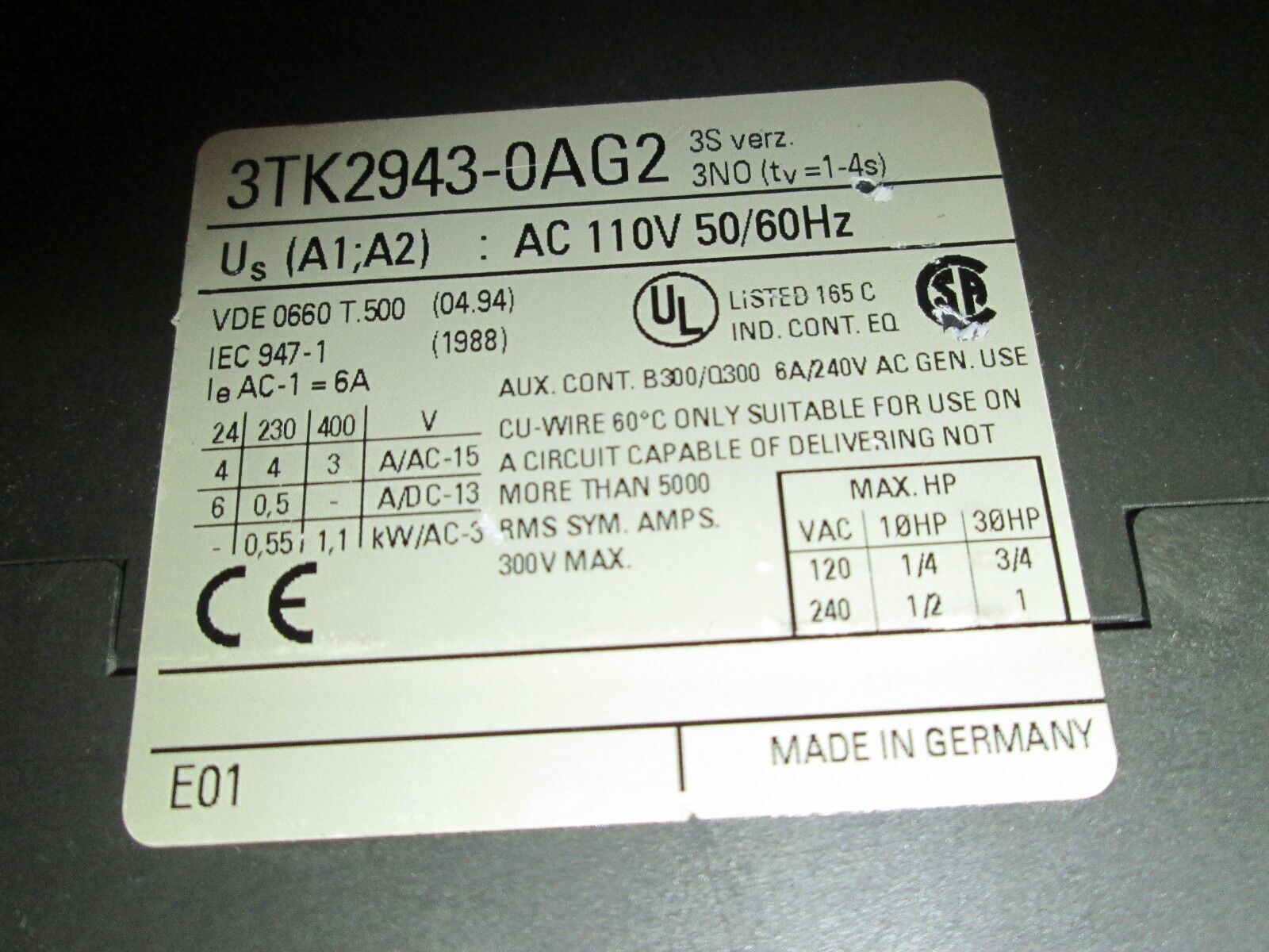 Siemens Delay Module 3TK2943-0AG2 110V 50/60Hz Range: 1-4s Used