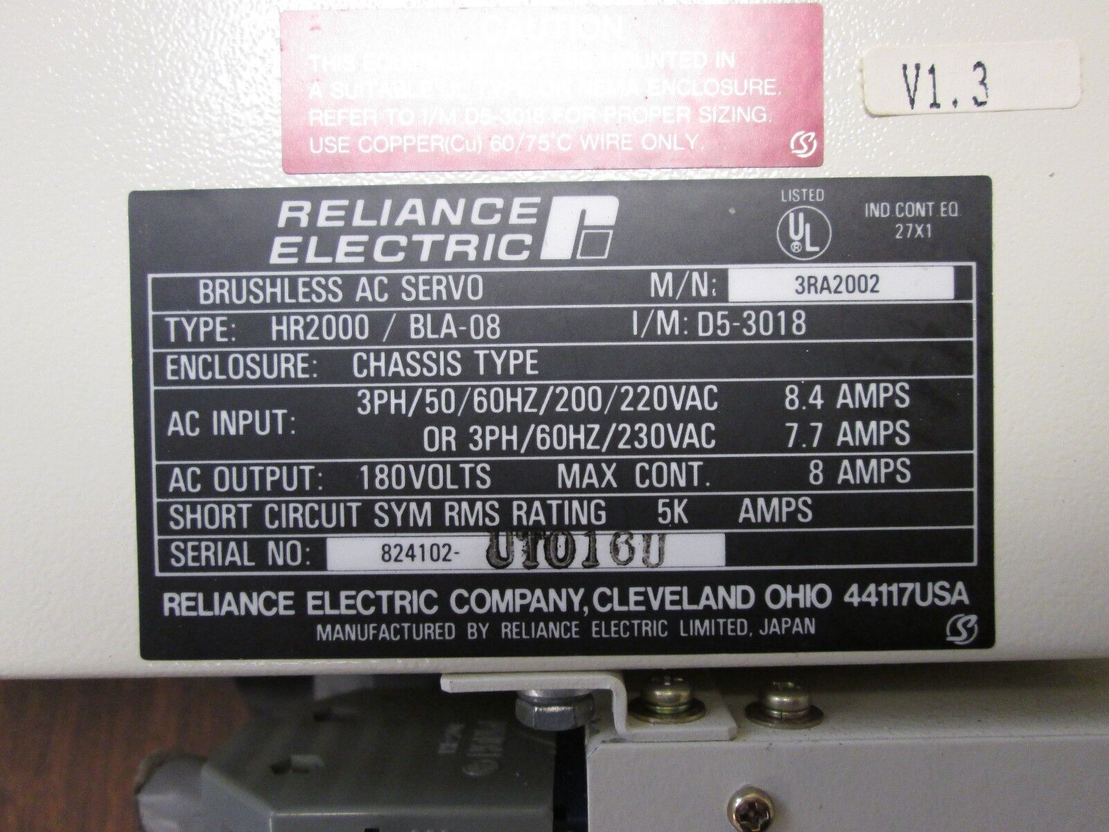 Reliance Brushless AC Servo Drive 3RA2002 Type HR2000 Used