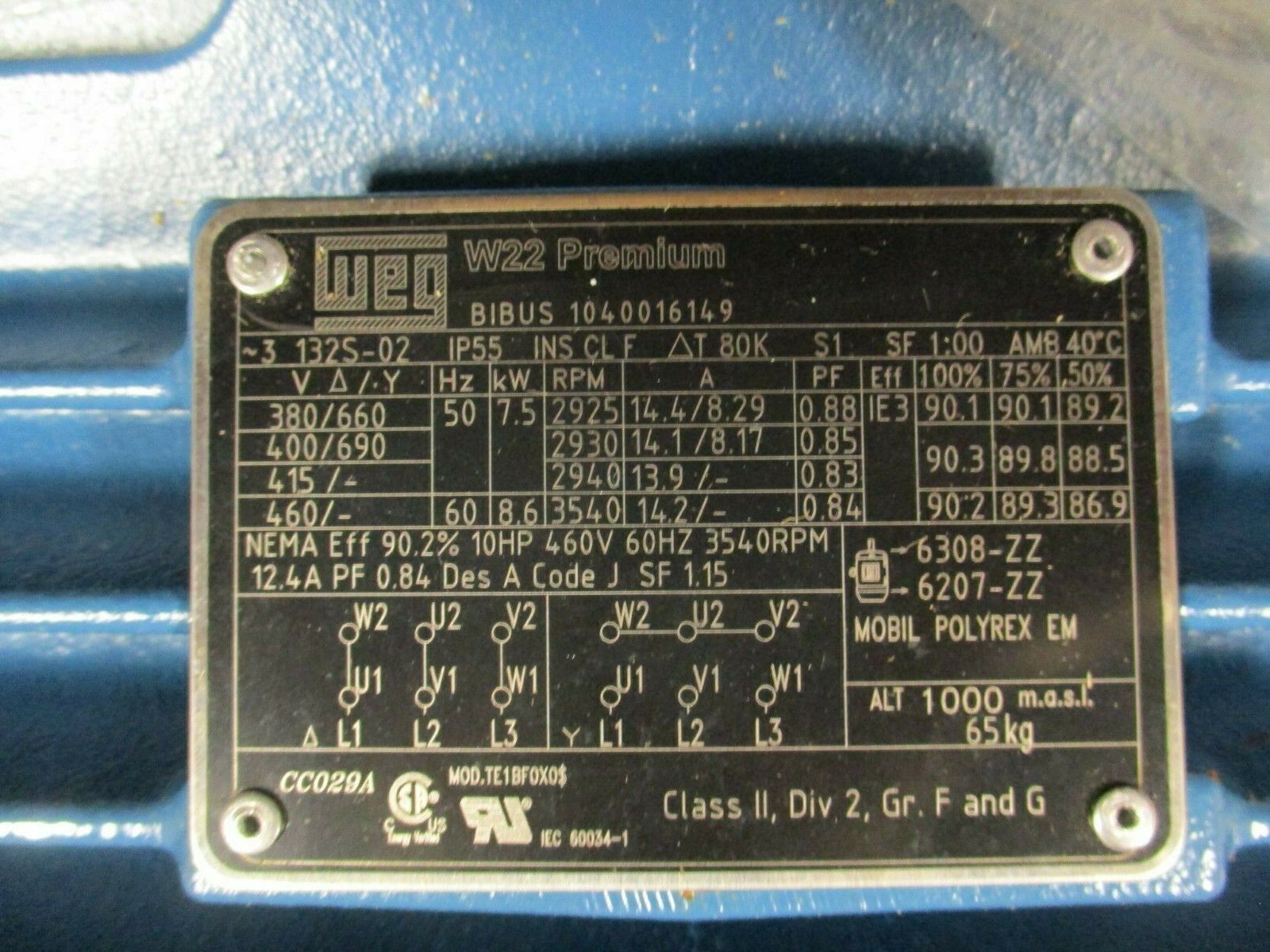 WEG Motor 1040016149 10 HP 3600 RPM 12.4 A 460V 60 Hz New Surplus