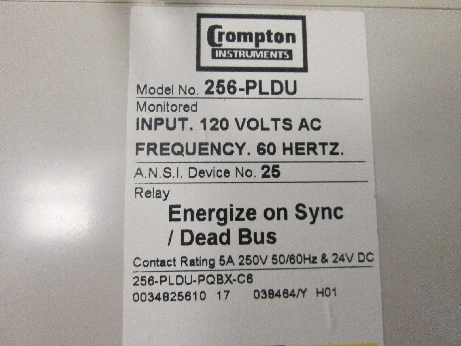 Crompton Motor Protection Relay 256-PLDV 120 V 60 HZ