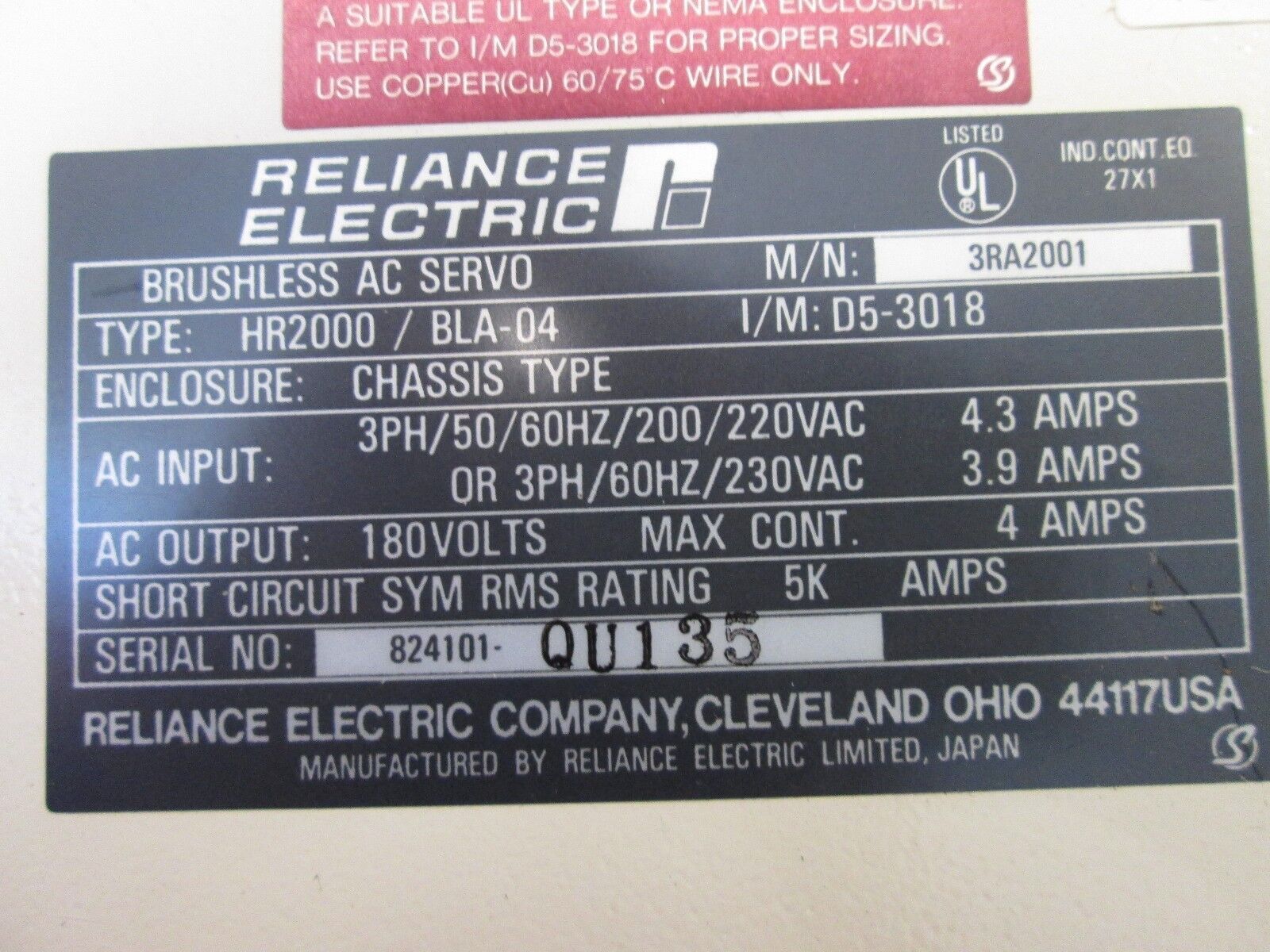 Reliance Brushless AC Servo Drive 3RA2001 HR 2000 Series w/ Dynamic Braking Kit