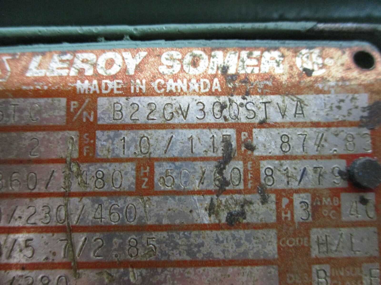 Leroy Somer Motor B22GV30QSTVA 2HP 3600 RPM 200/230/460V 5.9/5.7/2.85A 3Ph Used