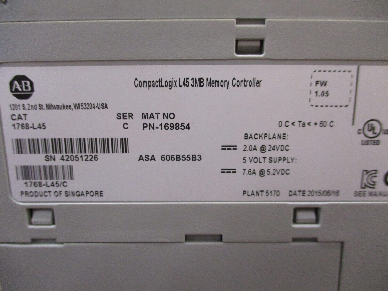 Allen-Bradley CompactLogix L45 3MB Memory Controller 1768-L45 Ser. C Used