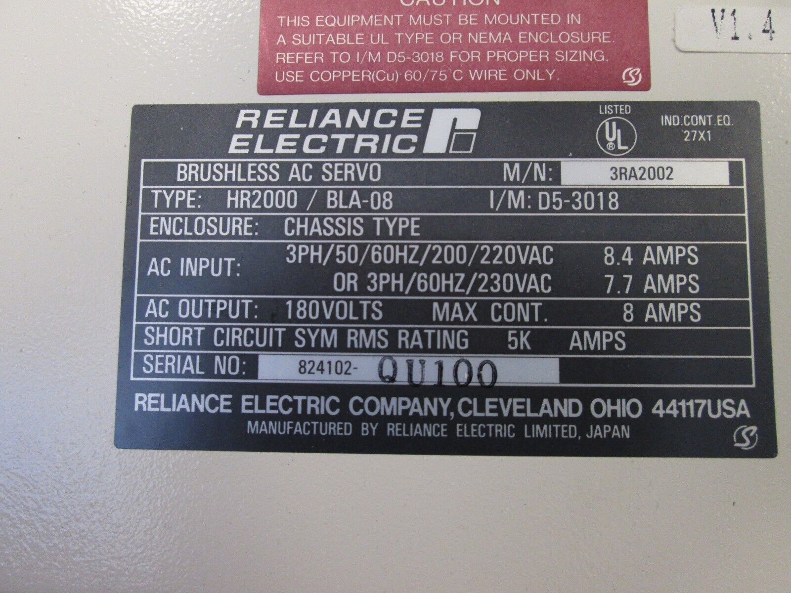 Reliance Brushless AC Servo Drive 3RA2002 Type HR2000 w/ Dynamic Brake Used