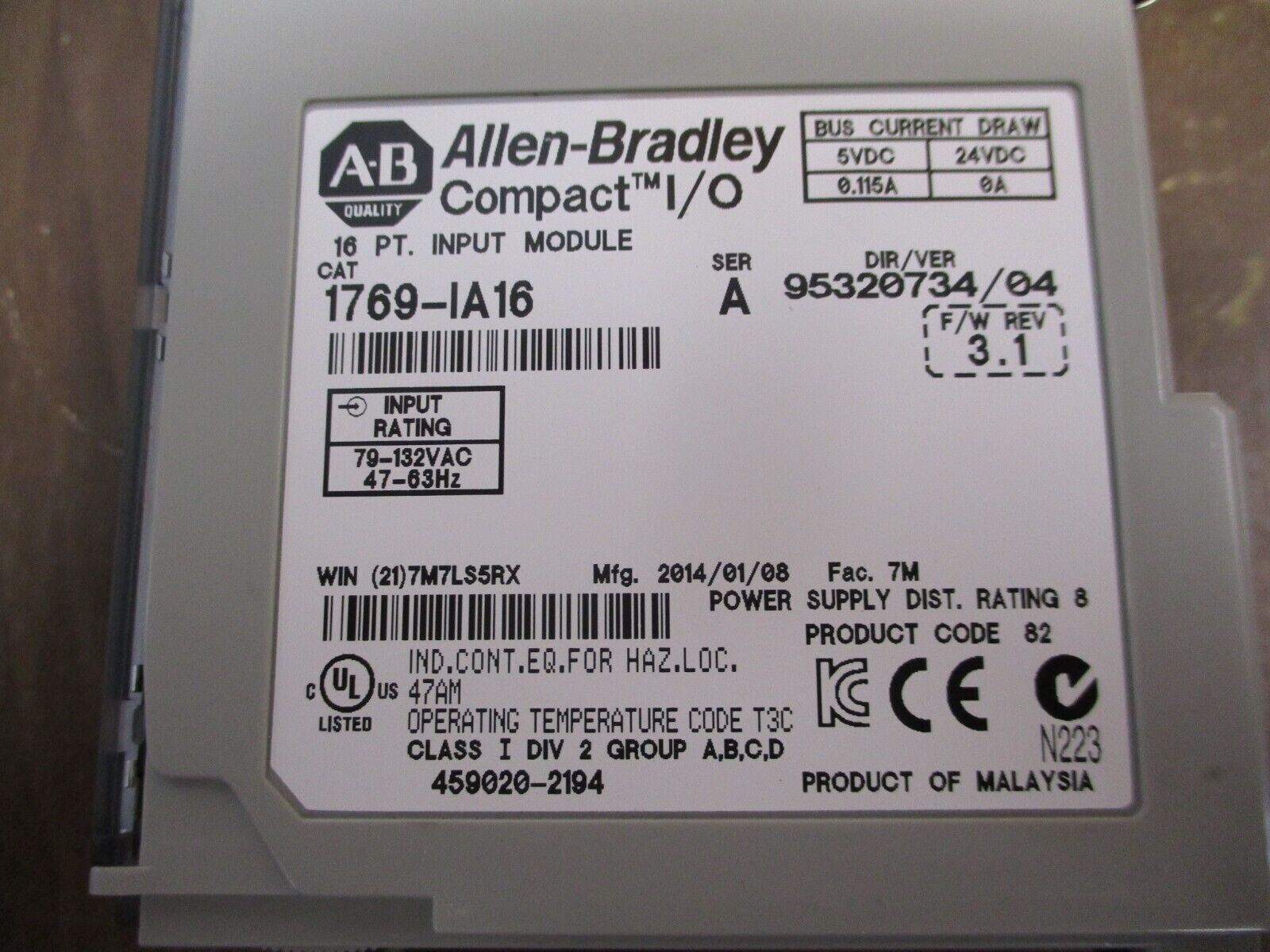 Allen-Bradley Compact I/O Input Module 1769-IA16 Ser. A F/W Rev. 3.1 16PT Used