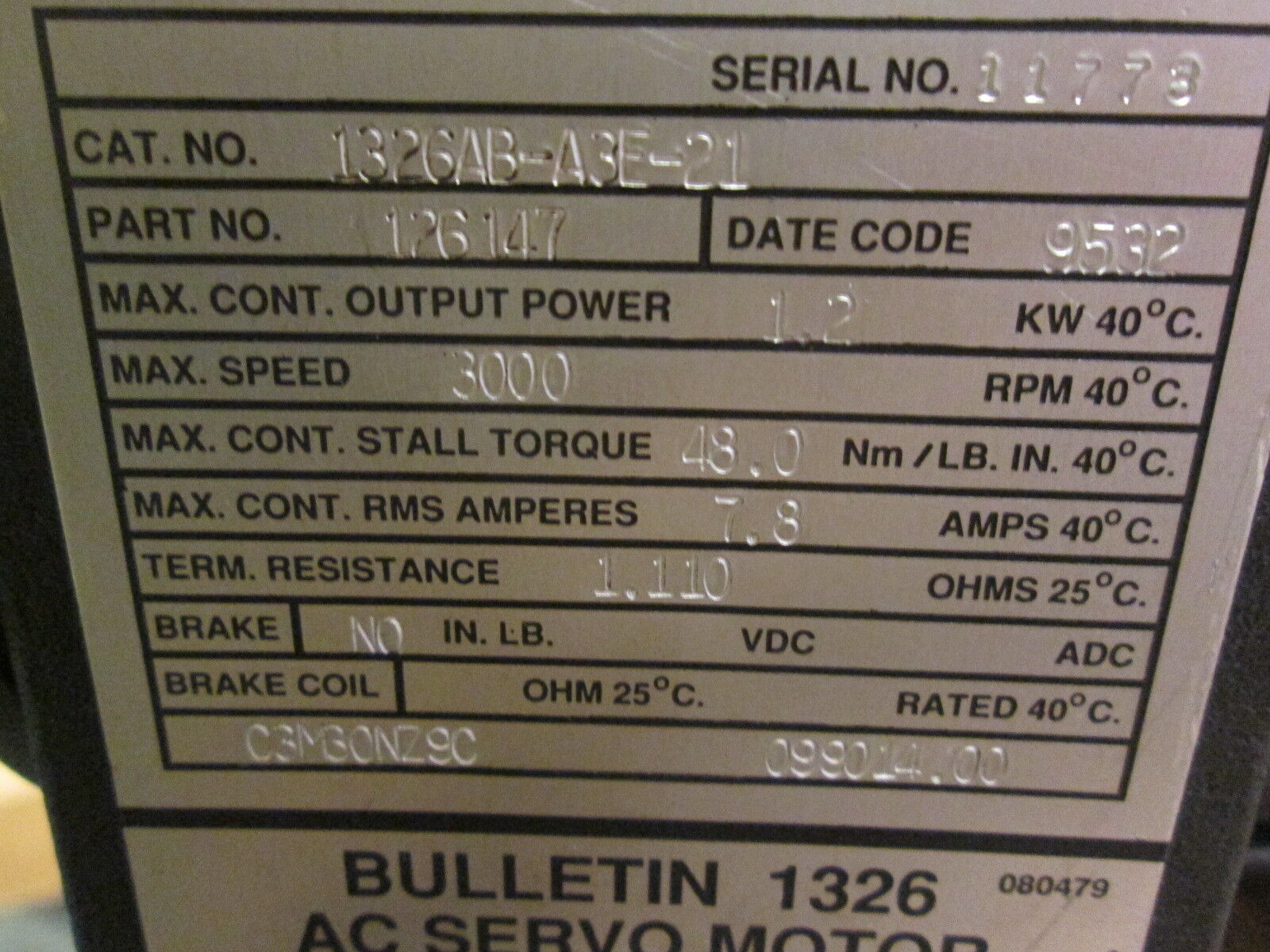 Allen-Bradley AC Servo Motor 1326AB-A3E-21 1.2KV 3000RPM 7.8A Used