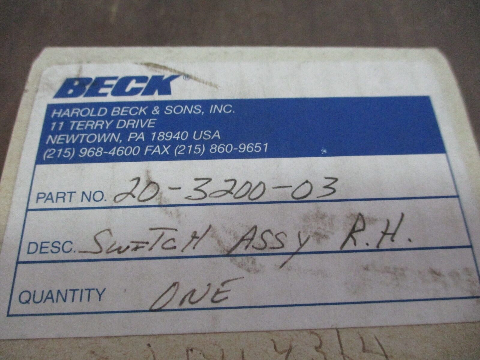 Beck Switch Assembly R.H. 20-3200-03 New Surplus
