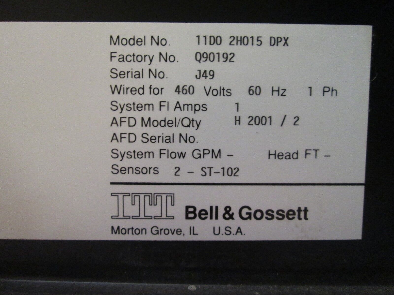 Bell & Gossett Pump Controller 1100 2H015 DPX 460V 1Ph 1100 Series Used