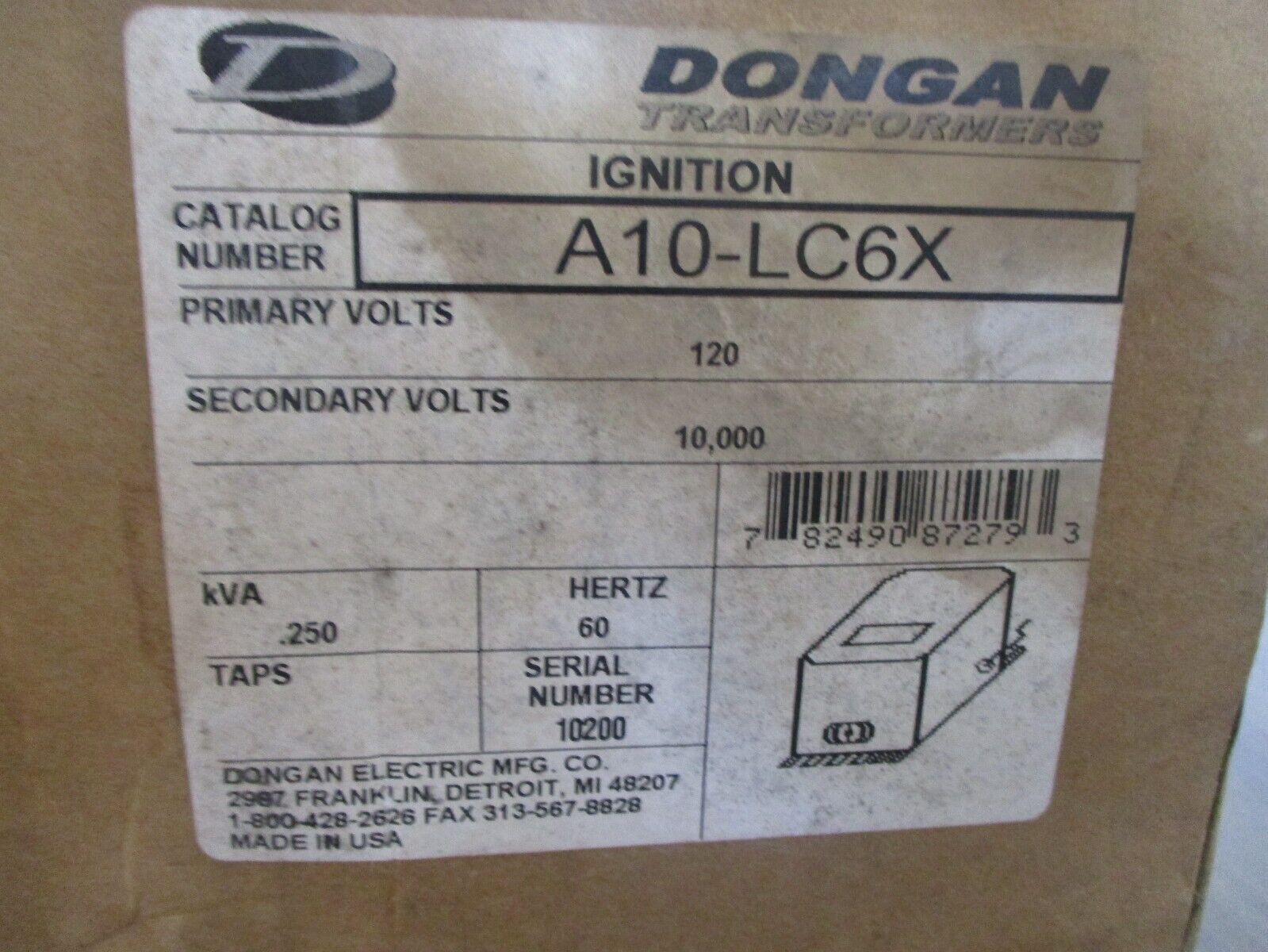 Dongan Ignition Transformer A10-LC6X 0.250 kVA Pri: 120V Sec: 10,000V 60Hz