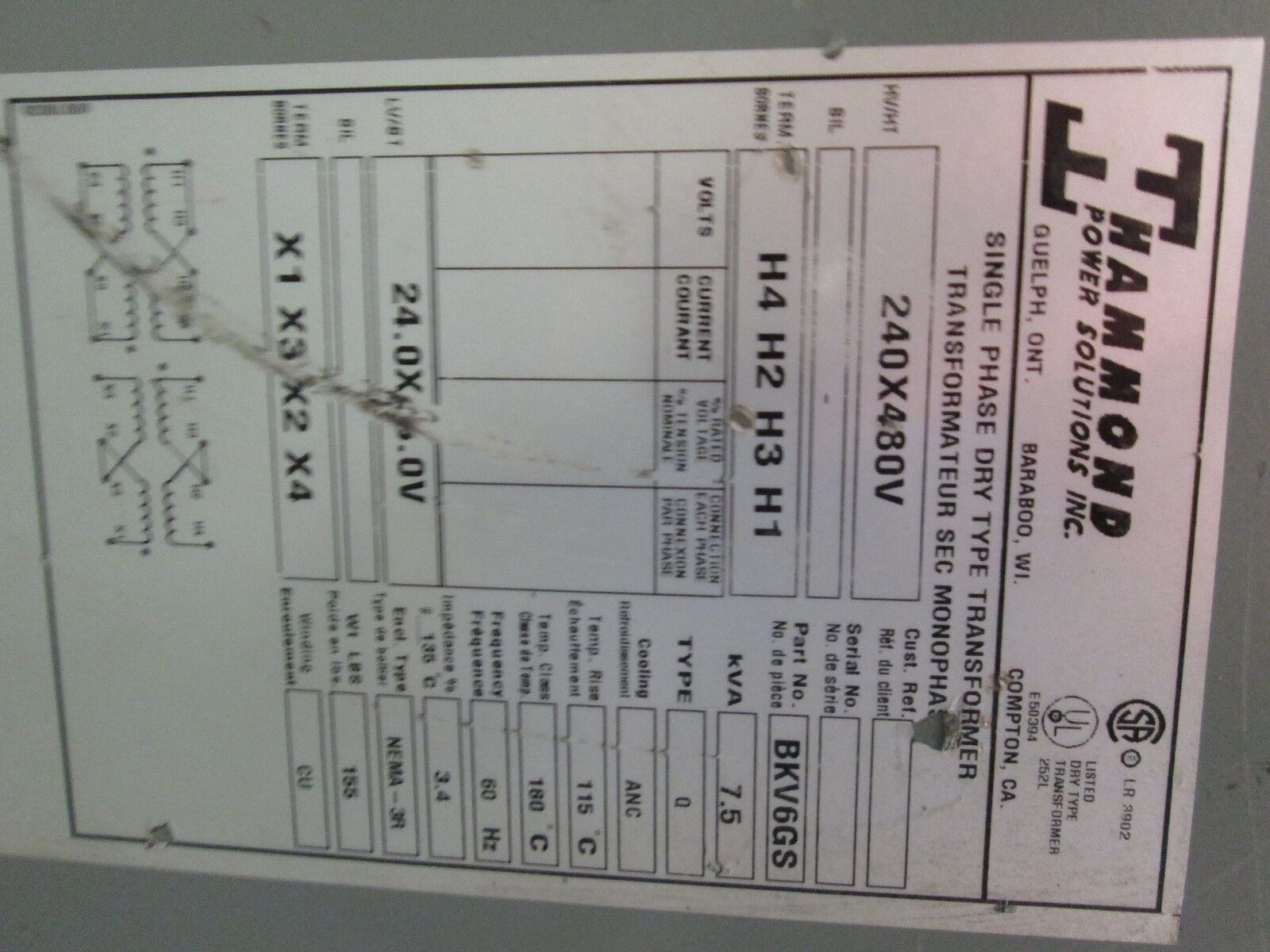 Hammond Transformer BKV6GS 7.5KVA Pri 240x480V Sec 24x48V 1Ph Used