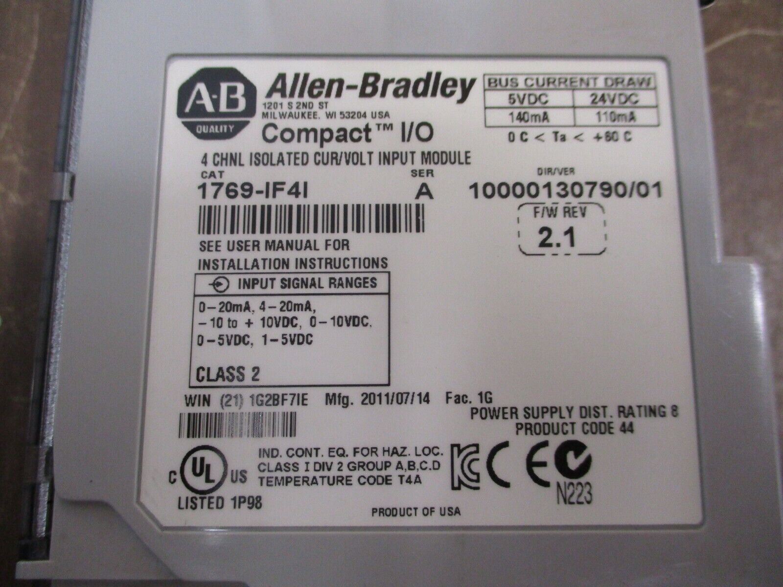 Allen-Bradley Compact I/O Isolated Input Module 1769-IF4I Ser. A F/W Rev. 2.1