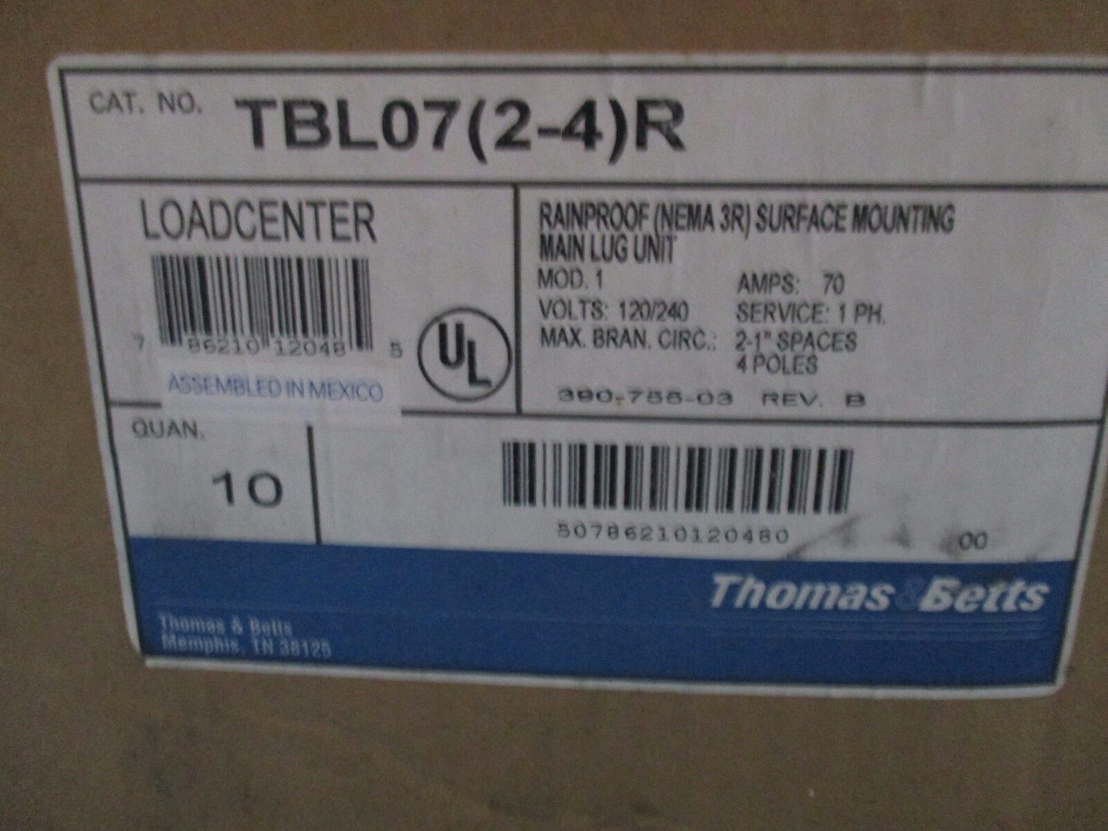 Thomas & Betts 3R Loadcenter TBL07C2-4JR 70A 120/240V 1Ph 4P New Surplus