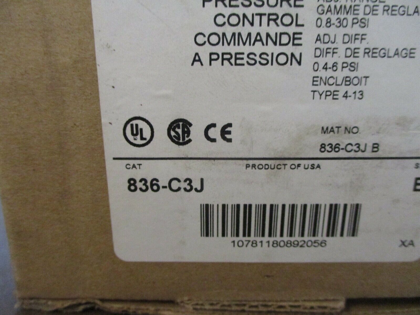 Allen-Bradley Pressure Control 836-C3J Ser. B Range: 0.8-30PSI Diff: 0.4-6PSI