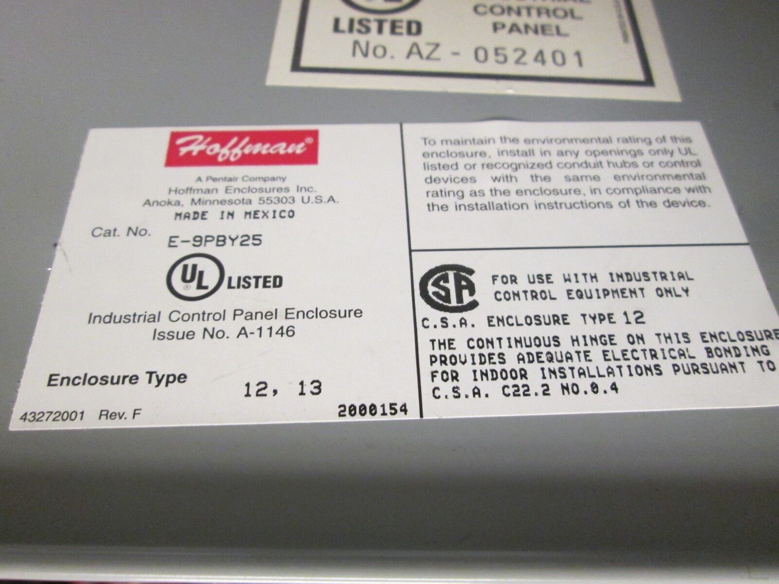 Hoffman Enclosure E-9PBY25 Size: 10x11x6" 9-hole Used