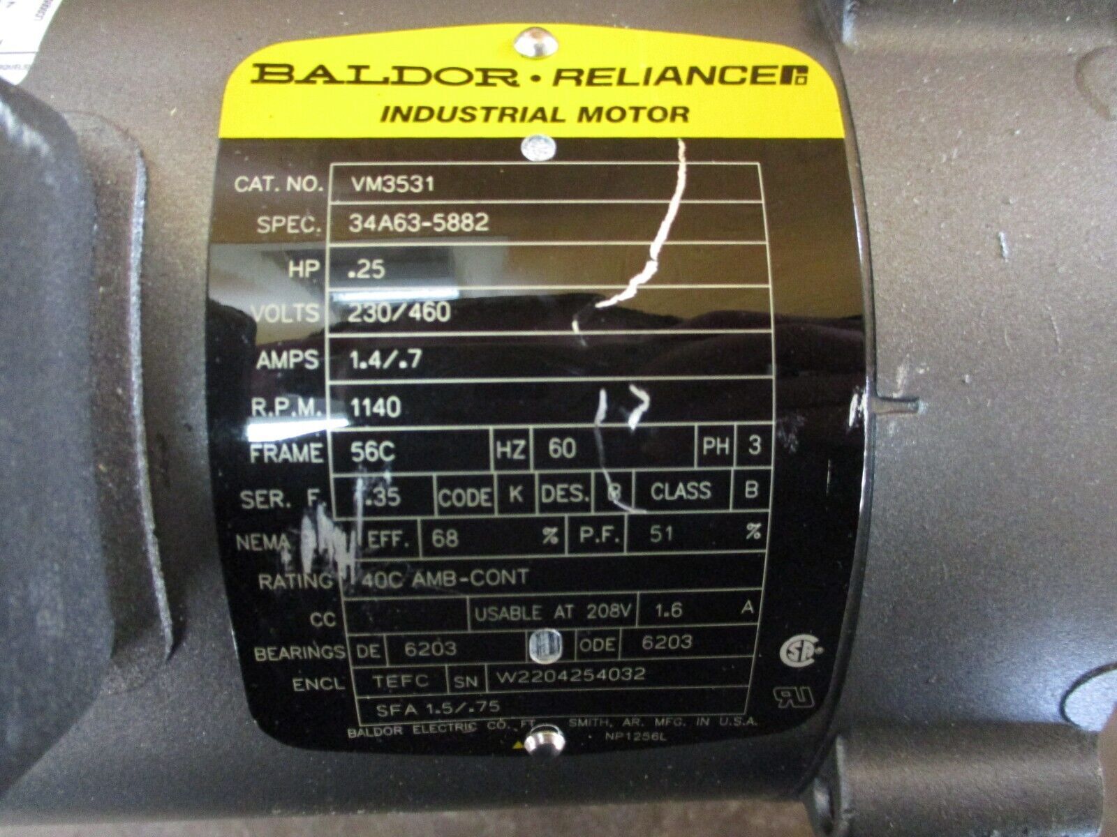 Baldor Motor VM3531 0.25HP 1200RPM 230/460V 1.4/0.7A 3Ph 60Hz *No Box*