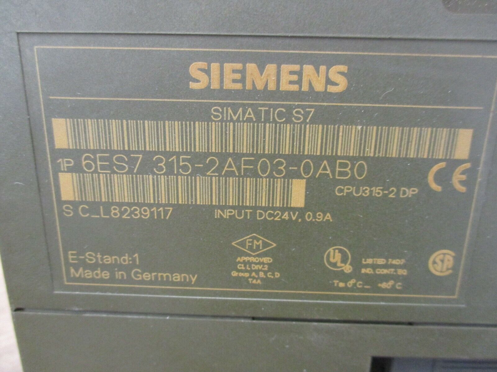 Siemens Simatic S7 CPU Module 6ES7 315-2AF03-0AB0 24VDC 0.9A *No Cover* Used
