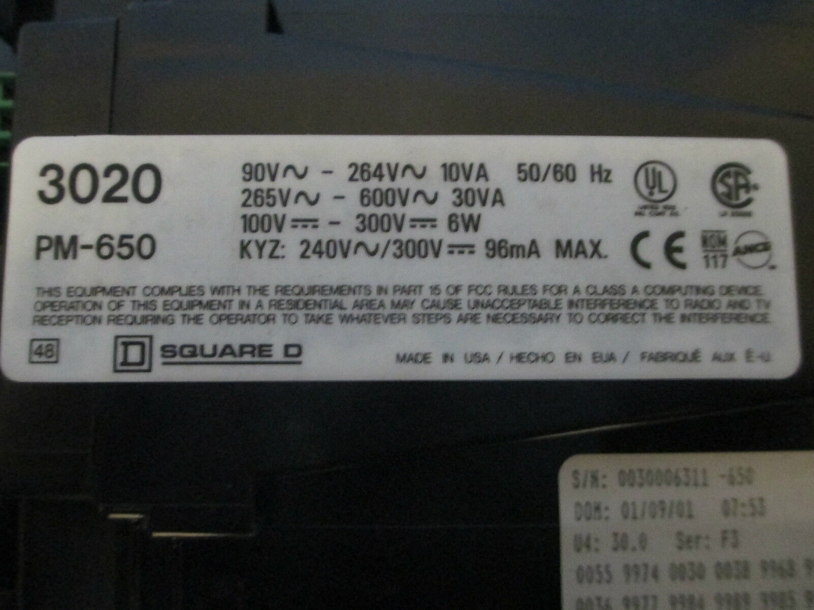 Square D PowerLogic Power Meter 3020 PM-650 Used