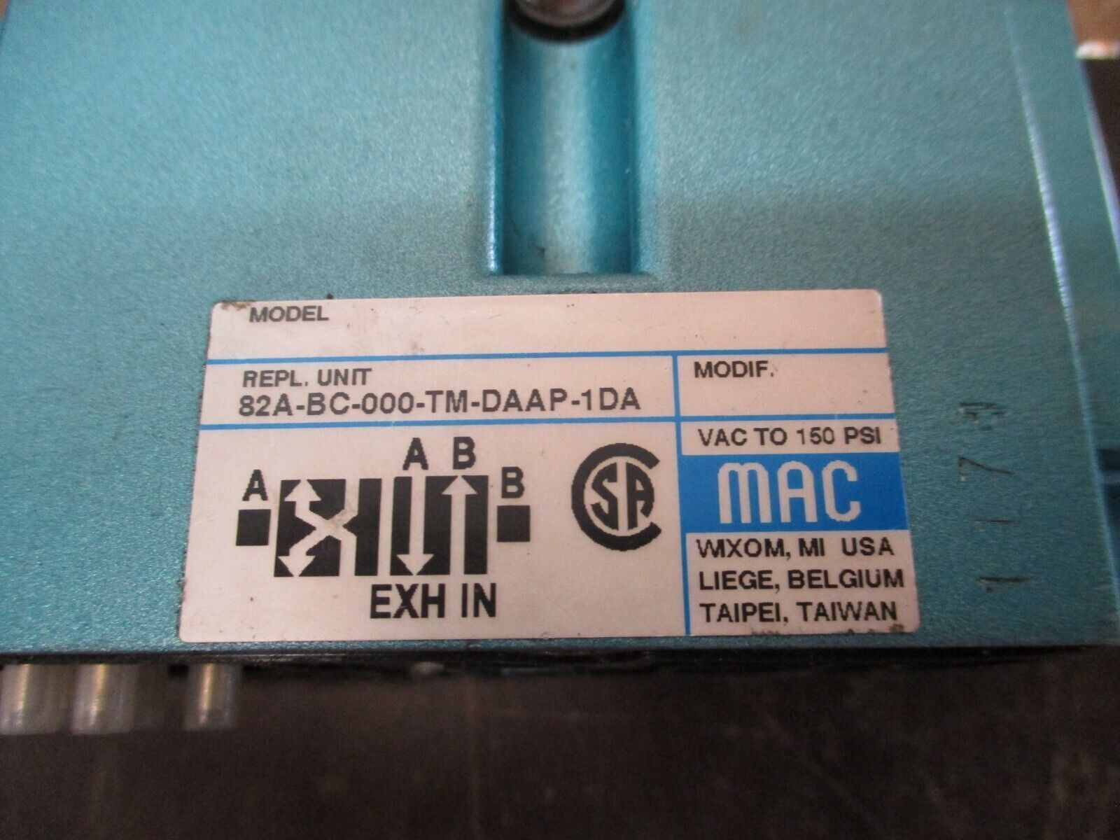 MAC Solenoid Valve 82A-BC-000-TM-DDAP-1DA VAC to 150PSI Used